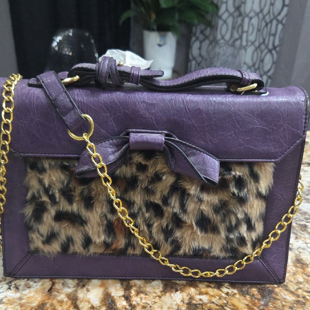 Chocolate Purple Crossbody Bag with Leopard Accent
